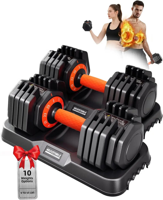 10-In-1 Adjustable Dumbbell Set With Tray And Quick Change